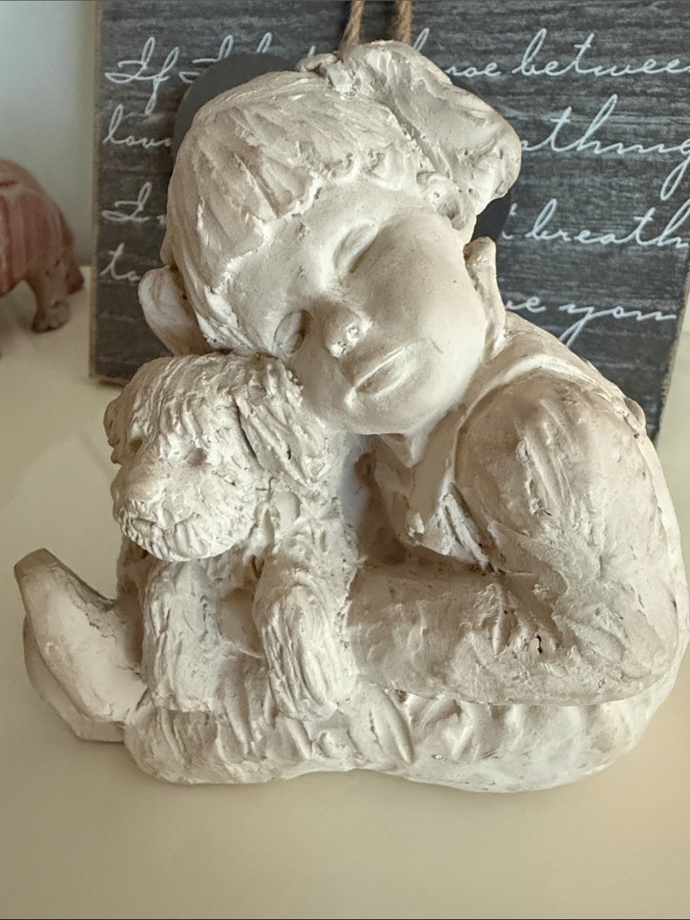 Cream Ceramic Boy and Dog Sculpture - Home Art Accent